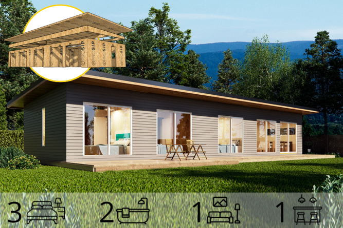 Casa con Techo inclinado de 100 m2 – 3 Dorm