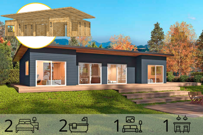 Casa con Techo inclinado de 91m2 – 2 Dorm